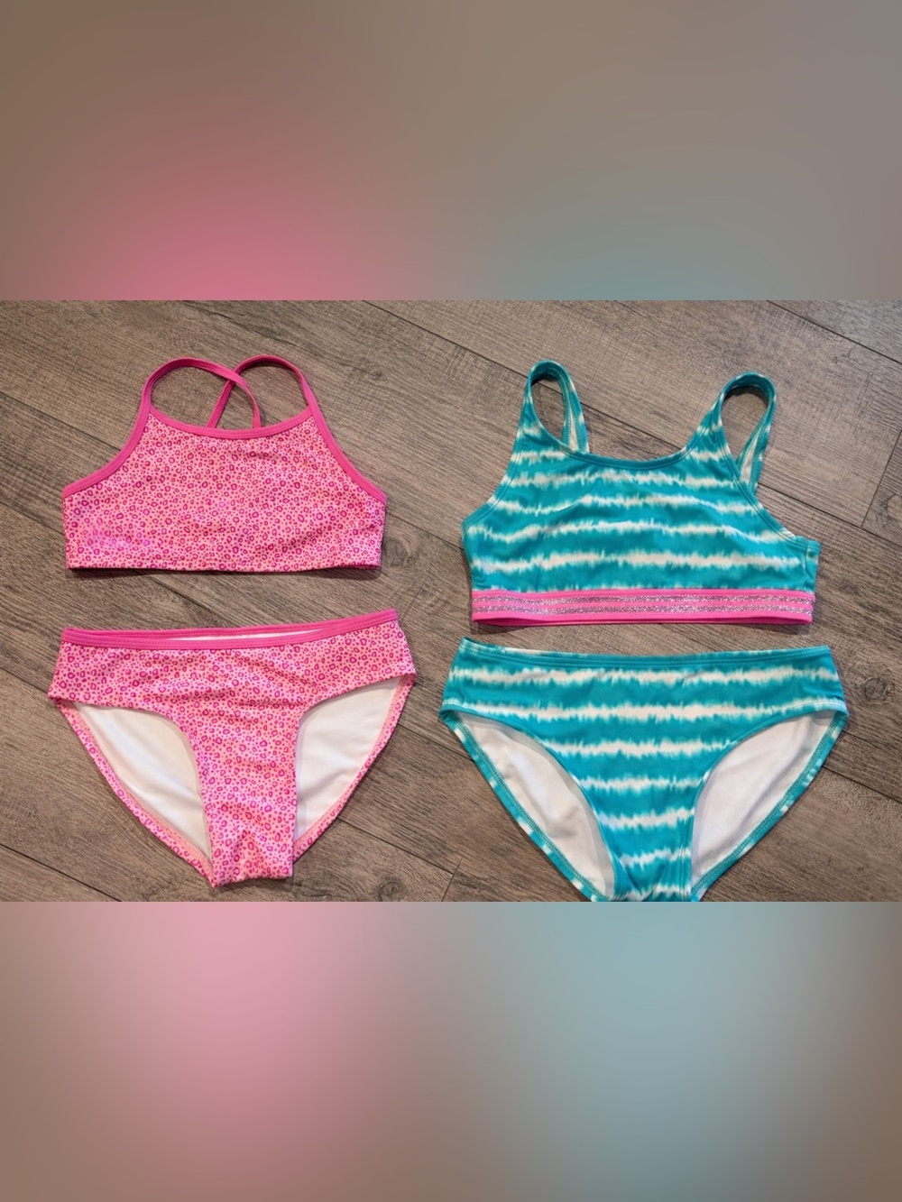 Girls Two-Piece Swim Sets - Pink Leopard & Teal Tie-Dye